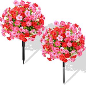 lot 13891 image: Waipfaru Set of 4 Artificial Boxwood Topiary with Colorful Flowers, 23 UV Resistant Fake Bushes Faux Outdoor Plants, Artificial Shrubs with Ground Spike for Outdoor Garden Front Porch(Red, Pink)