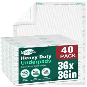 lot 13893 image: MILDPLUS Heavy Duty Underpads 36X36, 40 Count, Ultra Absorbent Chucks 150Grams Tear-Resistant Bed Pads Disposable Incontinence Pads for Adults, Kids or Pets (Discreet Packaging)