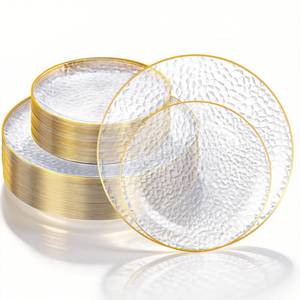 lot 13894 image: Lullaby 100PCS Clear Plastic Plates with Gold Rim, Includes 50pcs Dinner Plate 10 and 50pcs Dessert Plate 7, Disposable Heavyduty Plates for Birthdays, Parties and Wedding