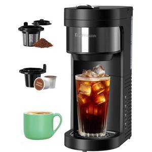 lot 13897 image: Brewmann Single Serve Hot & Iced Coffee Maker, for K Cup Pod and Grounds, 6 to 24oz Brew Size, Slim Compact for Small Spaces, Descaling Reminder, with Reusable Filters, Black