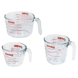 lot 13899 image: Pyrex Essentials (3-Pack) Glass Measuring Cups Set, (1, 2 & 4 Cup) Measuring Cups For Prepping, Baking and Cooking, Preheated Oven, Dishwasher, Freezer, and Microwave Safe