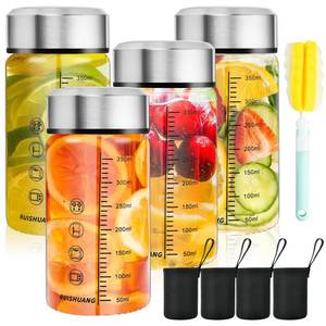 lot 13918 image: Elesunory 4 Pack Glass Shaker Bottles for Protein Shakes, 11.84 Oz Leak Proof with Cup Holder & Brush, Wide Mouth Reusable Borosilicate Glass Juice Bottles for Smoothies, Juicing, Milk