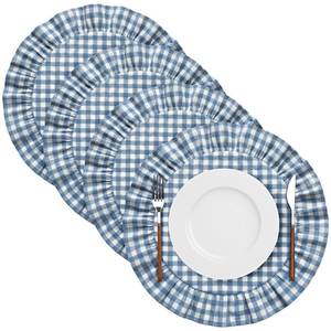 lot 14092 image: Gandeer 4 Pcs 15 Inch 100% Cotton Scalloped Round Placemats, Thin Light Blue Plaid Place Mats with Ruffle, Washable Placemats Table Mats for Kitchen Dining Holiday Gatherings Decor(Gingham)