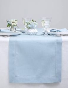 lot 14142 image: Solino Home Linen Sky Blue Table Runner 120 Inches Long - 100% Pure Linen Hemstitch 14 x 120 Inch Table Runner for Dining, Summer - Classic Hemstitch