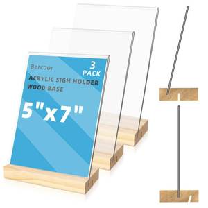 lot 14148 image: Bercoor 3 Pack 5x7 Acrylic Sign Holder with Wood Base, LT Shape Vertical or Slant Back Display, Clear Plastic Flyer Display Stand for Wedding, Restaurant, Store, Hotel, Office