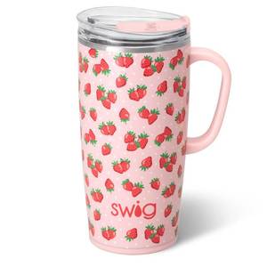 lot 14170 image: Swig Life 22oz Travel Mug, Insulated Tumbler with Handle and Lid, Travel Coffee Mug, Cup Holder Friendly, Stainless Steel 22 oz Tumbler, Reusable Insulated with Lid (Strawberry Shortcake)