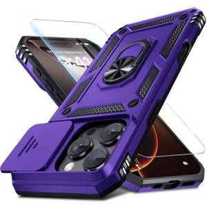 lot 14202 image: Janmitta Case for iPhone 16 Pro Max Phone Cover Built in Slide Camera Lens CoverScreen Protector,Heavy Duty Shockproof Full Body PhoneCase with Finger Ring Holder Kickstand,Purple