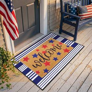 lot 18208 image: APUDWN 2 Pcs 4th of July Welcome Door Mat Patriotic Star Doormat White Blue Star Door Mats Non-Slip Coir Doormat with Stripes Layered Rug for America 250th Anniversary, Front Porch Entryway Decor