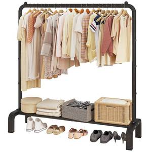 lot 19650 image: JIUYOTREE Metal Clothing Rack, 43.3 Inches Garment Rack with Bottom Shelf for Hanging Clothes, Coats, Skirts, Shirts, Sweaters, Black
