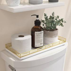lot 19677 image: Bathroom Toilet Tank Tray, 13 Wood Toilet Paper Storage Basket Tray Back of Toilet Basket Organizer,Vanity Tray for Perfume Makeup Candle Decor, Gold & White