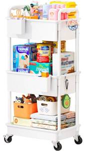 lot 19692 image: SUNALLY Baby Diaper Caddy Cart, 3 Tier Rolling Diaper Cart with Lockable Wheels for Nursery Essentials, Large Capacity & Easy Assemble Diaper Storage Organizer for Newborn,New Mom, White