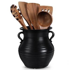 lot 19698 image: Meecoo Spring 2026 Upgraded Vintage Kitchen Utensil Holder - 7.3 Inch Retro Ceramic Utensil Crock for Countertop, Rustic Kitchen Counter Decor(Matte Black)