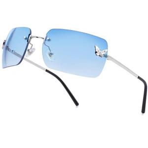 lot 20118 image: knliwkm Rimless Rectangle Y2k Sunglasses for Women Men Cute Small Frameless Blue Tinted Lens 2000S Fashion Shades with Butterfly