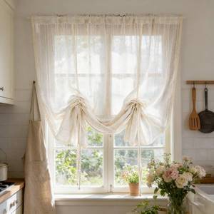 lot 20120 image: Beige Crochet Linen Striped Tie Up Sheer Curtain Valance for Kitchen Dining Room Liftable Tulle Tier Curtain Adjustable Light Filtering Sheer Valance with Lace Trim Rod Pocket (Beige,W39 L39 inch)