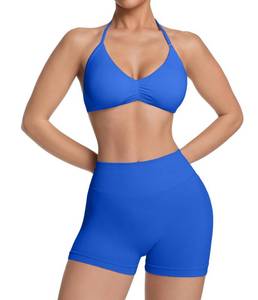 lot 20125 image: Comper 2 Piece Workout Sets for Women Halter Strappy Sports Bra with Seamless Ribbed Gym Yoga shorts Outfits (Small)