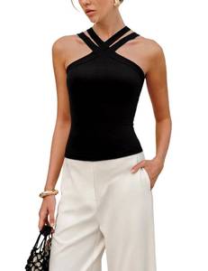 lot 20128 image: Yeokou Women Cross Strap Tank Top Halter Neck Metal Decor Knit Pullover Summer Casual Sleeveless Blouse(Black-L)