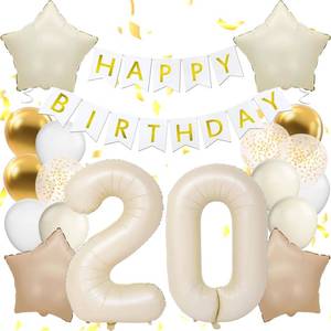 lot 20140 image: Happy 20th Birthday Decorations For Girls, White Happy Birthday Banner, Beige 20 Balloon Number 40 Inch, 20 Birthday Balloons For White And Gold Birthday Decorations