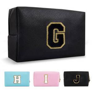 lot 20147 image: Personalized Initial A-Z Preppy Patch Makeup Bag,Small PU Chenille Letter Cosmetic Bag with Zipper for Teen Girls,Black Cute Toiletry Organizer Bag,Monogram Makeup Case Gift for Women Girls,Letter G
