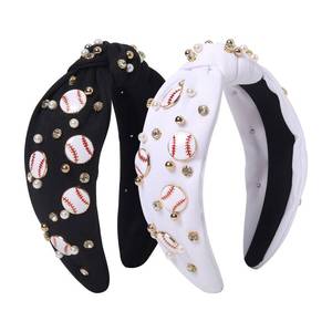 lot 20169 image: Baseball Headband for Women, Pearl Rhinestone Knotted Hairband 2 Pack - Wide Game Day Hair Accessories in White and Black