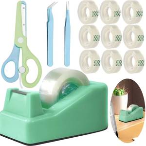 lot 20196 image: XEUZK Desktop Tape Dispenser Kits with Weighted Nonskid Base Tape Dispenser- Includes 9 Rolls of Transparent Tape(0.71 Inch x 500 inches Each) & Blue Scissors, 2 Pcs Tweezers (Green)