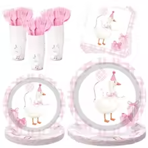 lot 2170 image: Pink party decoration plates with small cups goose themed