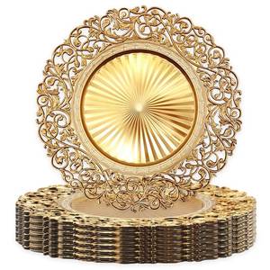 lot 1792 image: iChuan 13 Inch Gold Plastic Charger Plates Set �� 12 Pack, Elegant Round Disc Chargers for Table Setting, Decorative Placemats for Regular Dinner Plates, Holidays, Events, and Entertaining (Design B)
