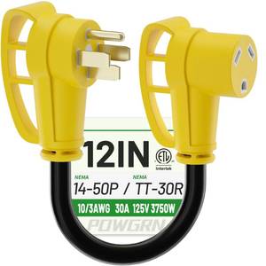 lot 1794 image: POWGRN 50 Amp to 30 Amp RV Adapter 12 inch, Heavy Duty Extension Cord 103 Gauge RV Electrical Adapter, NEMA 14-50P Male to NEMA TT-30R Female, STW 30AWG 30A 125V 3750W, Black-Yellow, ETL Listed