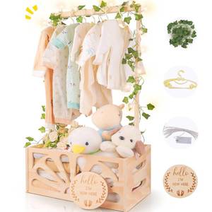 lot 1801 image: Wooden Baby Shower Crate Closet-Baby Shower Basket with Handle Hanger Rack String Lights Welcome Gift Basket Wooden Crate for Baby Shower Newborn Boys Girls Pregnancy Gifts for New Parents X-Large