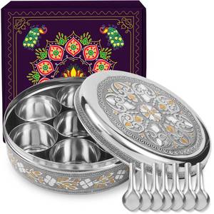 lot 1802 image: KSJONE Designer Spice Box, 7 Spice Jars, Holds 7 Spices, Steel Spice Container with 7 Spoons, Storage for Spices and dryfruits Indian Masala Dabba Gifts for Women, Mothers Day Gifts for Mom (8 Inch)