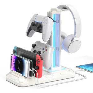 lot 1830 image: KDD Headset Stand with Charging Station - Detachable Controller Holder with 9 Light Modes - Rotatable Headphone Hanger with USB A&C Charger Ports - Earphone Hook for PC Gaming Accessories Storage