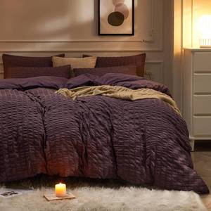 lot 1833 image: JELLYMONI Purple Duvet Cover Queen Size, 3pcs Washed Microfiber Bedding Set, Soft Breathable Seersucker Duvet Cover Set with Zipper Closure and Corner Ties for All Seasons