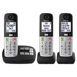 lot 1841 image: Panasonic Cordless Phone, Easy to Use with Large Display & Big Buttons, Flashing Favorites Key, Flashlight, Call Block, Volume Boost, Talking Caller ID, House Phones, 3 Handsets - KX-TGU433B