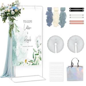 lot 1847 image: Wokuaile Wedding Welcome Sign Stand, Adjustable White Welcome to our Wedding Sign Holder Metal Easel with Design Bundle, Leather Hanging Straps, Water Bag and Ribbon, Party Poster Display