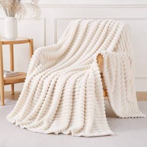 lot 2254 image: YIICKO Cream White Throw Blanket for Couch Sofa 50x60 inches Striped Fleece Blankets Room Home Decor Lightweight Plush Soft Cozy Gifts for Women Mom Girls