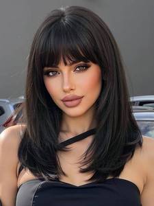 lot 2275 image: AISI HAIR ��Beginner Friendly Wigs�� Natural Black Wig with Bangs for Women, Middle Length NaturalLayered Straight Wig for Daily Party