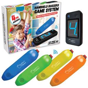 lot 2278 image: Teachers Choice 8 Player Wireless Handheld Game Buzzer System - Displays First Buzz-in - Great for Jeopardy, Family Feud, Trivia and Buzzer Games - Console with 8 Joystick Buzzers, 8 Unique Sounds
