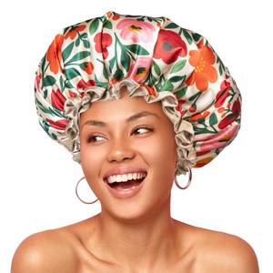 lot 2331 image: mikimini Large Shower Cap for Women Reusable Waterproof, Extra Large Hair Cap with Adjustable Elastic Band and Vibrant Floral Print, XL Bath Cap for Long Hair & Short Hair