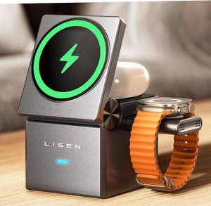 lot 2343 image: LISEN Qi2 Magsafe Charger Stand 3 in 1 Charging Station for Apple iPhone and Watch Charging Station for 15W Magsafe Charger Stand Cube, Foldable for iPhone 17 16 and Google Pixle 10, 10 Pro, 10 Pro XL