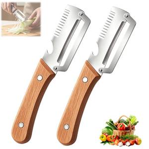 lot 2347 image: 2Pcs Multifunctional Vegetable Peeler,Zero Snag Wooden Peeler,Zero Snag Wooden Kitchen Tool with Bottle Opener,3 in 1 Kitchen Gadgets Stainless Steel Peelers for Fruit Veggie