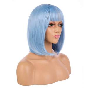 lot 4213 image: eNilecor Short Bob Hair Wigs 12 Straight with Flat Bangs Synthetic Colorful Cosplay Daily Party Wig for Women Natural As Real Hair Free Wig Cap (Light Blue)