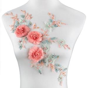 lot 4219 image: Silvora 3D Embroidered Beaded Pearl Flower Fabric Lace Applique, Handmade Sewing Tool for DIY Wedding Bridal Dress Floral Clothes Patches (Pink-Green)
