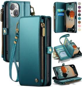 lot 4221 image: Defencase Compatible with iPhone 13 Case Wallet with RFID Blocking Card Holder for Women Men, Fashion PU Leather Magnetic Snap Flip Zipper Strap Wallet Phone Case Fit for iPhone 13 6.1, Blue Green