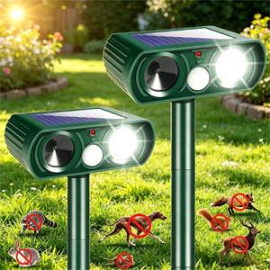 lot 4228 image: 2 Pack Solar Ultrasonic Animal Repellent Outdoor Animal Deterrent Devices with Strobe Light IP65 Waterpfoof - Keep Deer,Cats,Squirrels,Dogs,Raccoons,Rabbits,Skunks and More Away from Garden Yard Farm