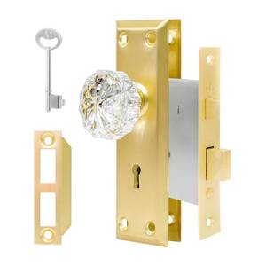 lot 4249 image: Mortise Lock Set for Interior Door - Vintage Crystal Glass Door Knobs with Skeleton Key & Polished GoldBrass Finish 2 Pack