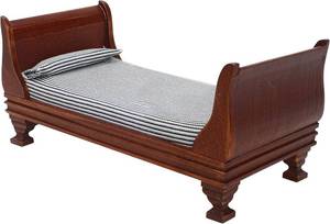 lot 4306 image: 112 Scale Doll House Miniature Single Bed with Bedding Fabric & Pillow, Wooden Vintage Victorian European Style Bedroom Furniture Decor Christmas Accessories, Mini Sleigh Bed for 6 Inch Dolls