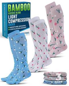 lot 4326 image: Doctors Select Bamboo Viscose Light Compression Socks for Women & Men - 3 Pairs, Knee High Comfort and Support, 8-15 mmHg Bamboo Compression Socks Women, Flowers (White, Light Blue, Peach)
