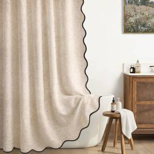 lot 5422 image: XOGUIBO Extra Long Shower Curtains 96 Inch Linen Beige Cute Black Scalloped Boho Modern Shower Curtains for Bathroom Set, 72 W x 96 L