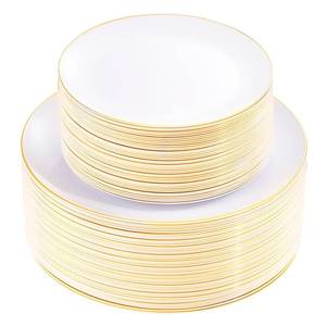 lot 5443 image: KIRE 100PCS White and Gold Plates - Plastic Disposable Plates - Includes 50Pieces 10.25inch Dinner and 50Pieces 7.5inch DessertSalad Plastic Plate for WeddingPartyBaby ShowerBridal Shower