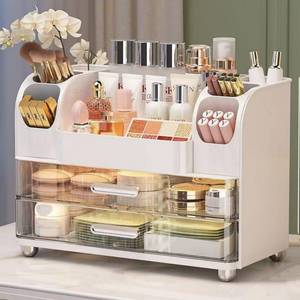 lot 5449 image: Makeup Organizer with 2 Drawers, Cosmetic Display Case, Storage Holder for Vanity, Bathroom Counter, Desk, Beauty Supplies (White)