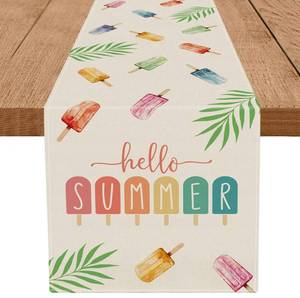 lot 6307 image: Hello Summer Table Runner Popsicles Green Leaves Burlap Table Decoration for Home Seasonal Holiday Indoor Kitchen Dining Decor 13x72 Inch